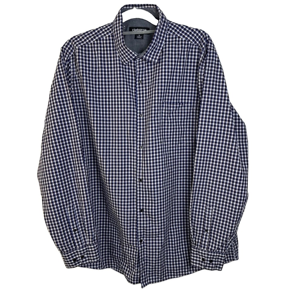 Claiborne Stretch Shirt Button Up Shirt Men's Sz XL Navy Blue White Checkered Ct